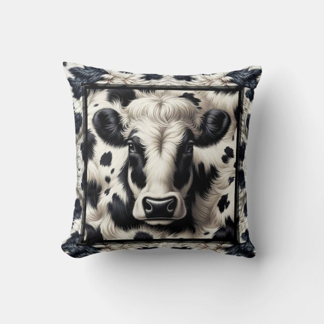 Coussin Vache noire et blanche Cuir de vache Poil Aspect v (Recto)
