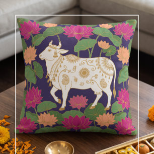 Coussin Vache sacrée Art traditionnel indien Pichwai pour