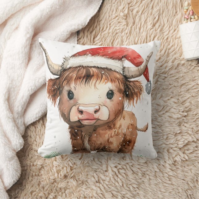 Coussin Vache Sweet Highland à Santa Hat Blanc (Couverture)
