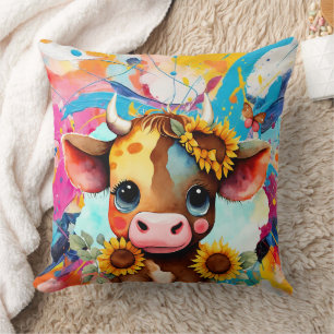 Coussin Vache Whimsical avec papillons, Floral