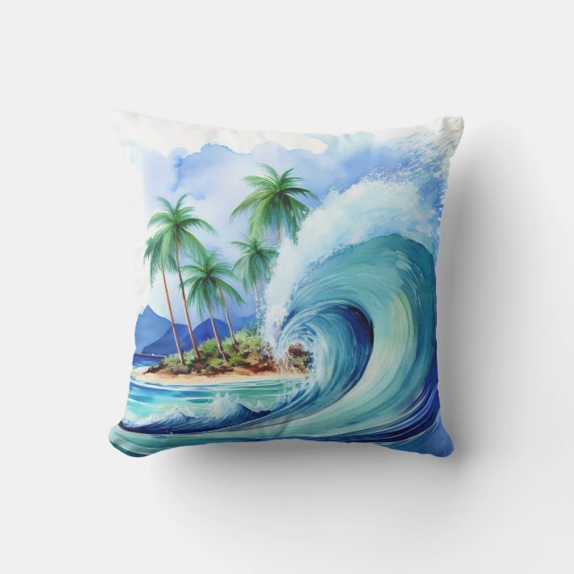Coussin Vague d'aquarelle de l'île Kai Aloha (Recto)