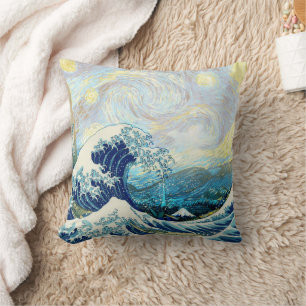 COUSSIN VAGUE DE KANAGAWA DANS FOND DE NUIT ÉTOILÉE