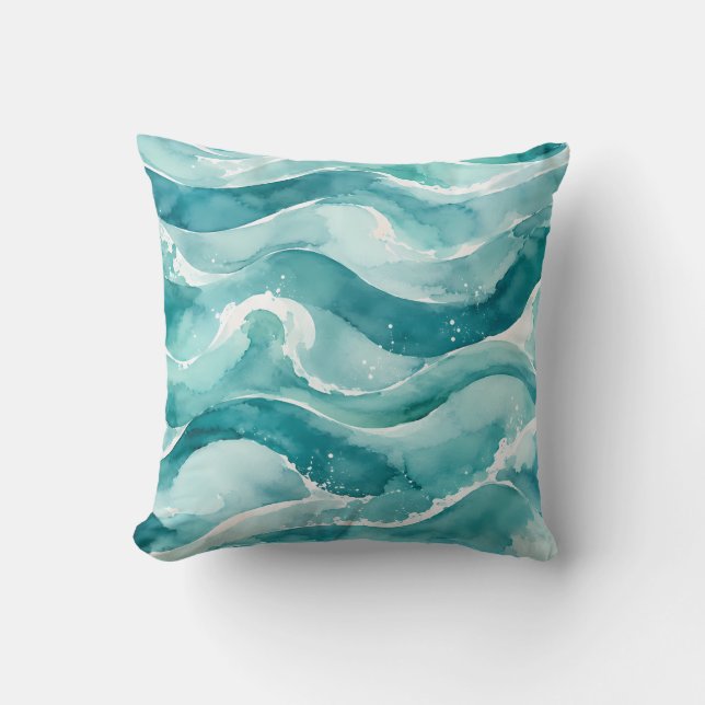 Coussin Vagues Abstraites d'Océan à l'Aquarelle Turquoise  (Recto)