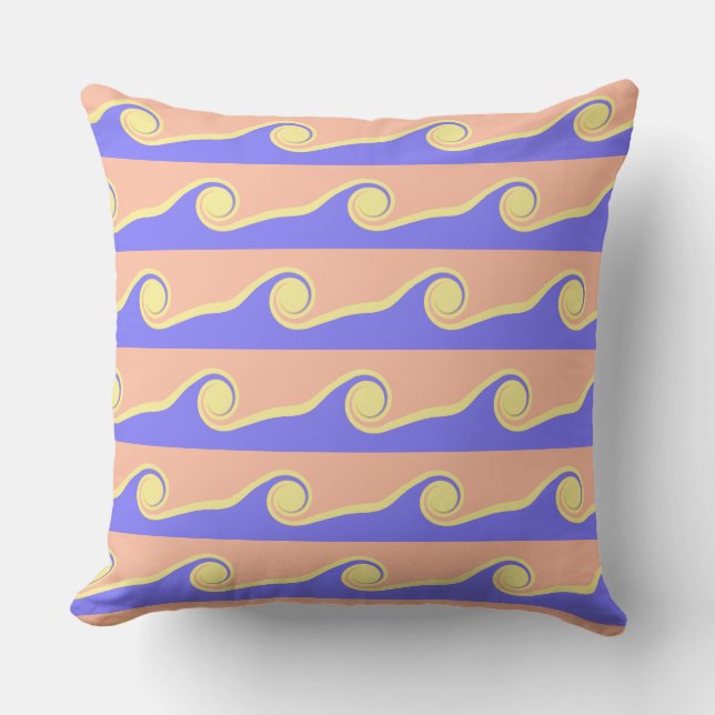 Coussin Vagues Abstraites en Bleu et Corail (Recto)