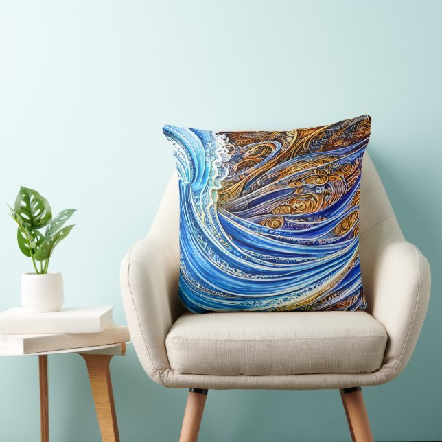 Coussin Vagues Abstraites en bleu et en or (Chaise)