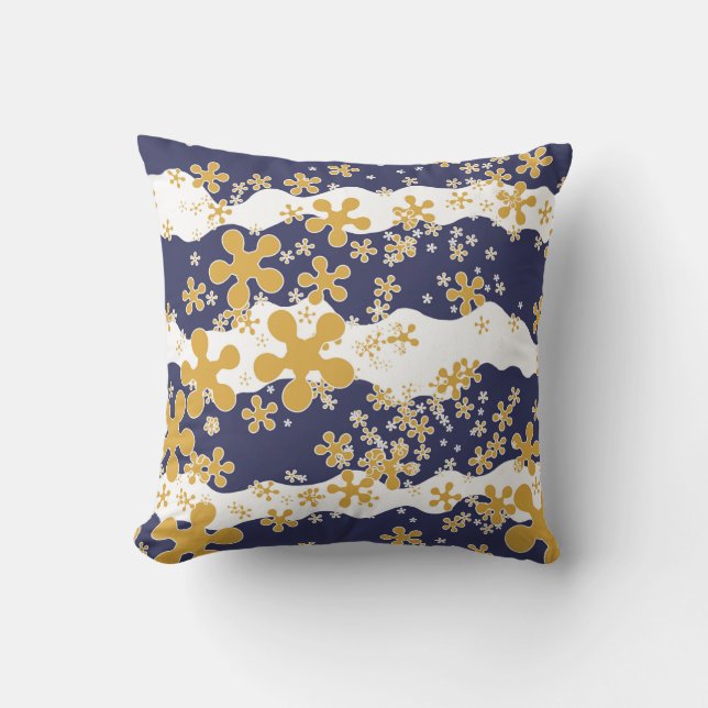 Coussin Vagues, bleu marine, jaune moutarde, blanc, fleur (Recto)