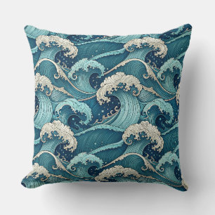 Coussin Vagues de l'océan bleu motif japonais d'été tropic