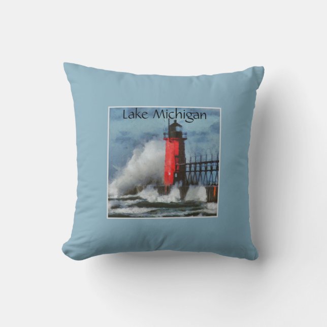 Coussin Vagues et phare du lac Michigan (Recto)