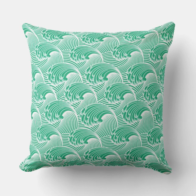 Coussin Vagues japonaises vintages, Jade Green et White (Recto)