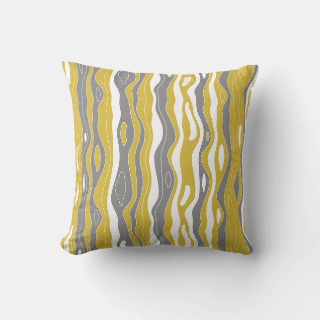 Coussin Vagues, lignes, moutarde jaune, gris, blanc (Recto)