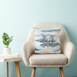 Coussin Vagues océaniques abstraites motif texturé bleu ro