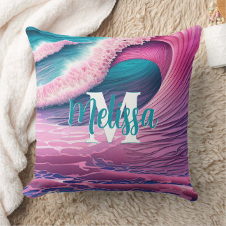Coussin Vagues roses sur la plage Monogramme