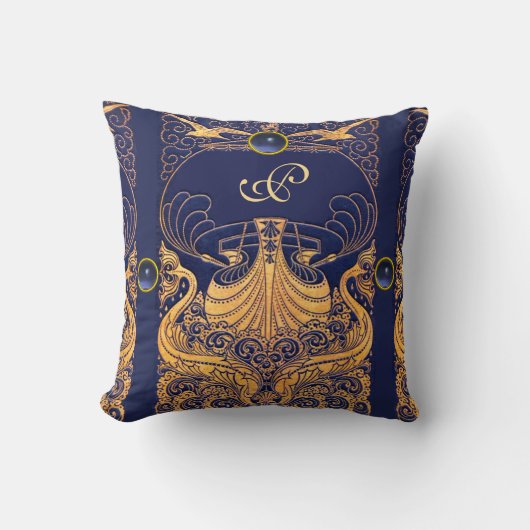 Coussin Vaisseau antique, Dauphins, Or, Monogramme bleu ma (Recto)
