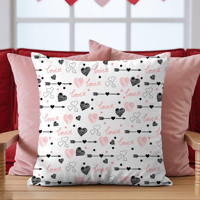 Coussin Valentine Gift Pillow Sketch Heart I Love You Text (Valentine Gift Pillow Sketch Hearts I Love You)