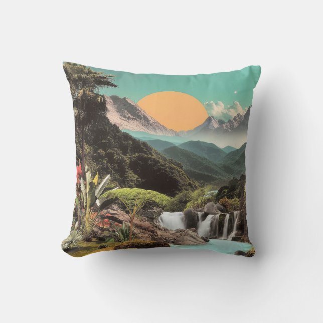 Coussin Vallée Tropicale Surréaliste avec Cascades (Recto)