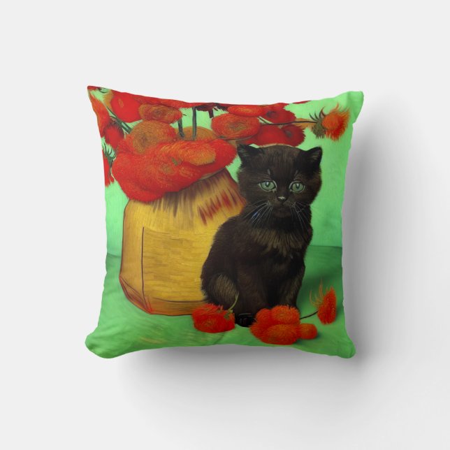 Coussin Van Gogh Black Kitten Fleurs rouges (Recto)