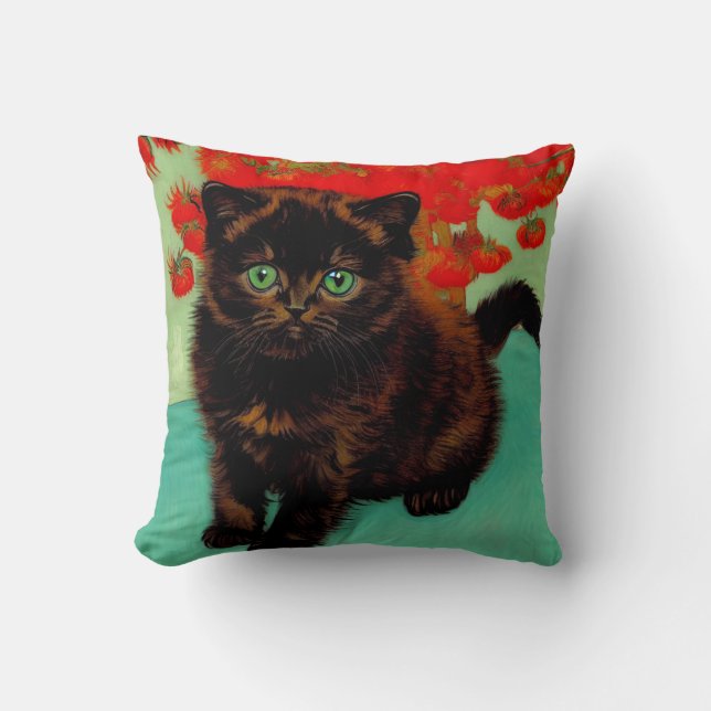 Coussin Van Gogh Chat noir Fleurs rouges (Recto)