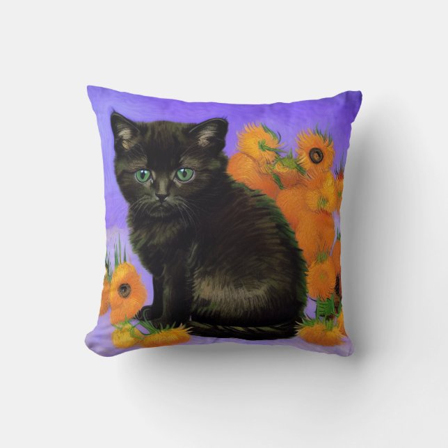 Coussin Van Gogh Kitten noir avec des tournesols (Recto)