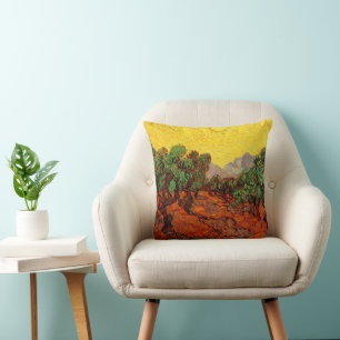 Coussin Van Gogh Oliviers avec ciel jaune et soleil