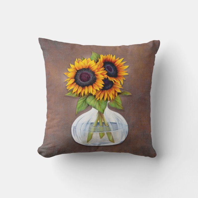 Coussin Vase de beaux tournesols sur Brown rustique (Recto)
