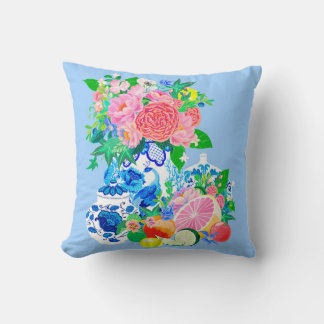 Coussin Vase de style chinoiserie au paon avec pivoines et