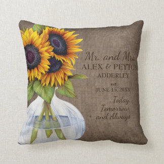 Coussin Vase de tournesols rustiques mariage toile de jute