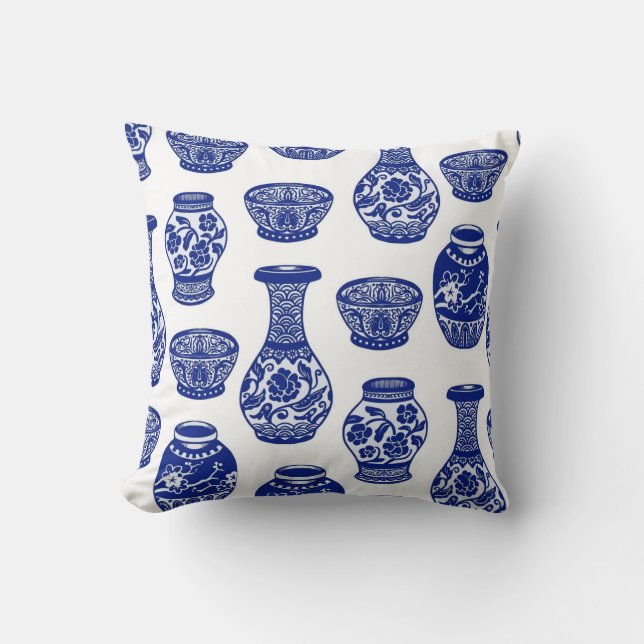 Coussin Vases en porcelaine chinoise bleue et blanche (Recto)
