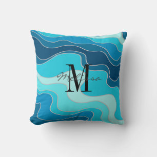 Coussin Vastes Bleu Abstrait Océan Monogramme
