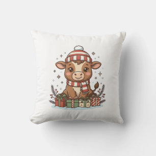 Coussin Veau de Noël mignon avec cadeaux Vintage Vector_1