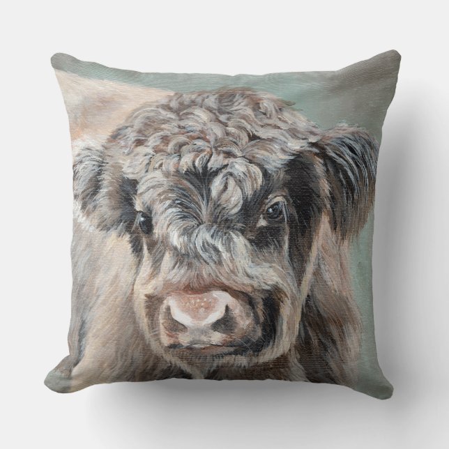 Coussin Veau des Highlands Écossais sur fond vert (Recto)