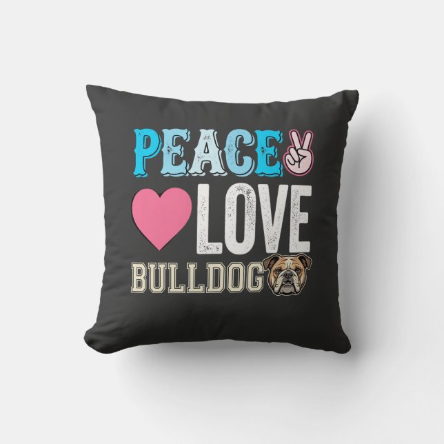 Coussin Vecteur Peace Love Bouledogue (Recto)