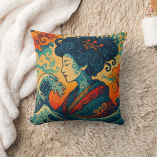Coussin vectoriel oriental ondes de Geisha Kanagawa abstra