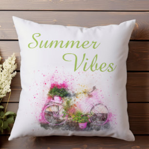 Coussin Vélo d'été aquarelle amusant rose coloré