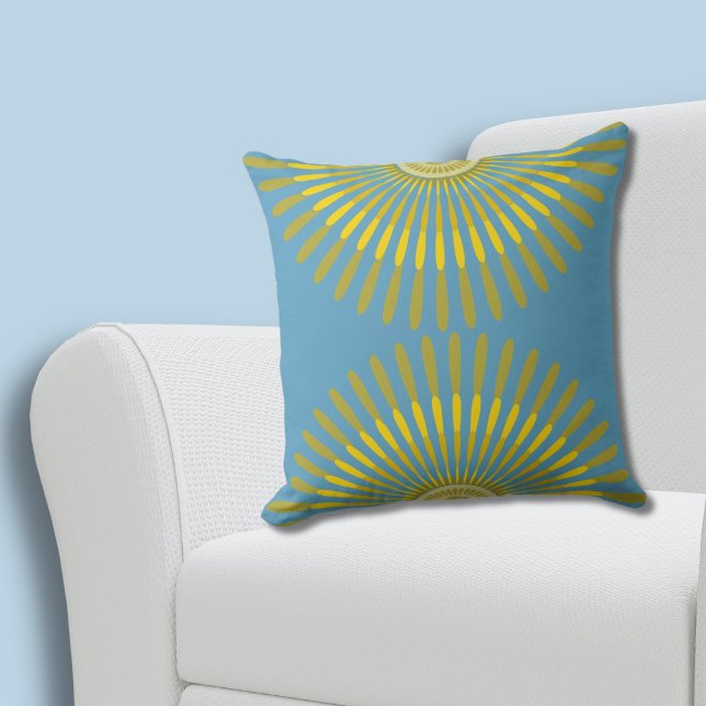 Coussin Ventilateur Eclectique Été Jaune et Bleu Plumes (Eclectic Summer Yellow and Blue Feathery Fan Throw Pillow)