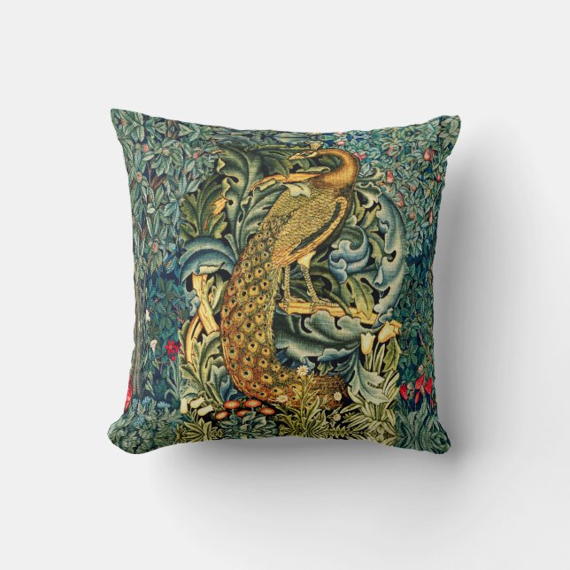 COUSSIN VERDURE, ANIMAUX FORESTIERS, PEACOCK EN VERT FLORA (Recto)
