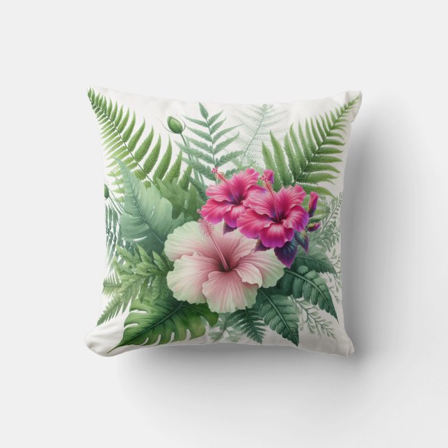 Coussin Verdure tropicale et fleurs d'hibiscus (Recto)