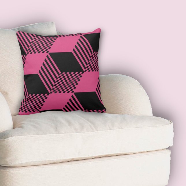 Coussin Vérificateur de diamant vintage rose et noir (Vintage Pink & Black Stripe Diamond Checker Throw Pillow)