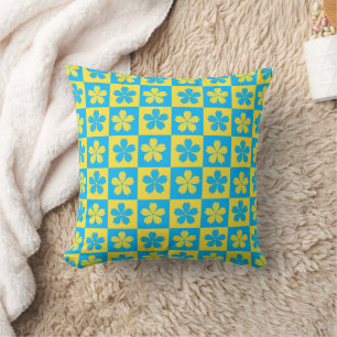 Coussin Vérificateurs de fleurs de contraste jaune et bleu