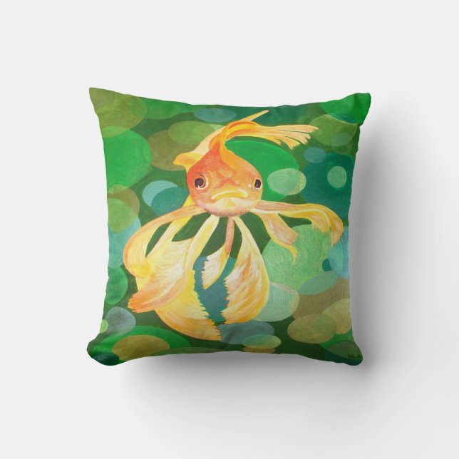 Coussin Vermilion Poisson D'Or Nager Dans Les Bulles Verte (Recto)