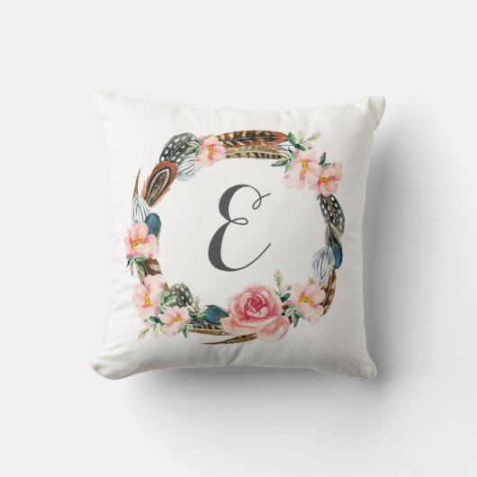 Coussin Vermine d'aquarelle florale avec plumes| Monogramm (Recto)