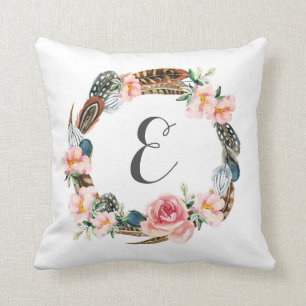 Coussin Vermine d'aquarelle florale avec plumes Monogramm