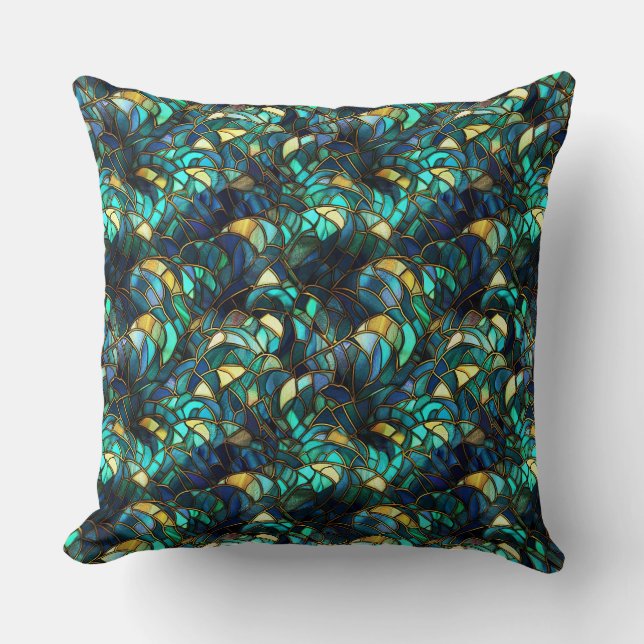 Coussin Verre turquoise, bleu et or peacock (Recto)