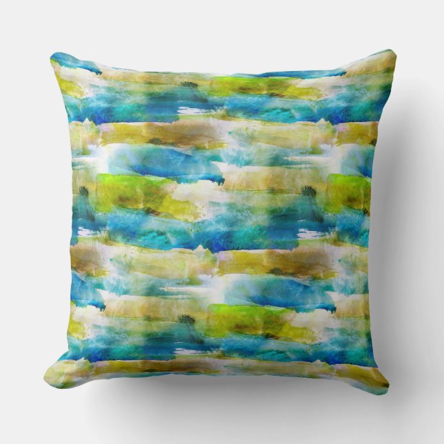 Coussin Vert abstrait d'aquarelle, bleu (Recto)