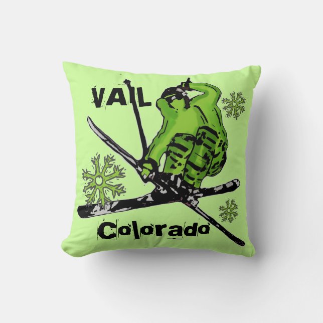 Coussin vert au néon de skieur de thème de Vail le (Recto)