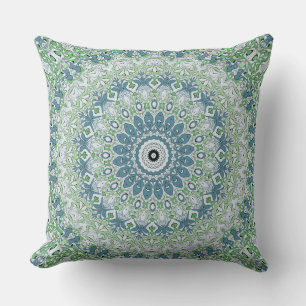 Coussin Vert Bleu Gris Côtier Mandala Kaleidoscope