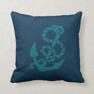 Coussin Vert bleu nautique d'océan d'Ancre et de corde
