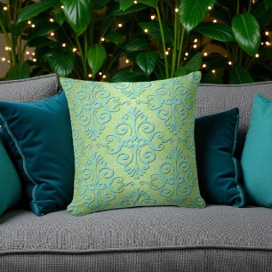 Coussin Vert citron et damas fantaisie sarcelle