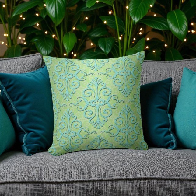 Coussin Vert citron et damas fantaisie sarcelle (Créateur téléchargé)