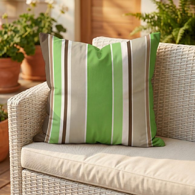 Coussin Vert citron Marron foncé Kaki Beige Blanc Rayures (Créateur téléchargé)