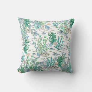 Coussin Vert cyan et bleu, vie marine de l'océan, coquilla